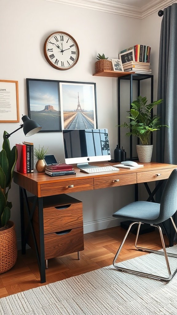 Oficina en casa con escritorio de madera y metal, decorada con plantas y libros.