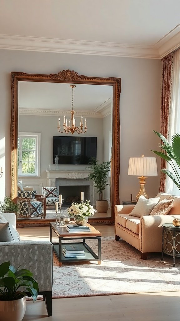 Sala de estar con un gran espejo decorativo que refleja luz y espacio.