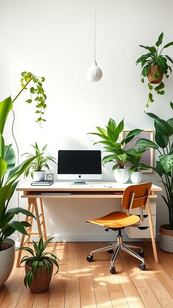 Oficina en casa con plantas decorativas y un escritorio minimalista.