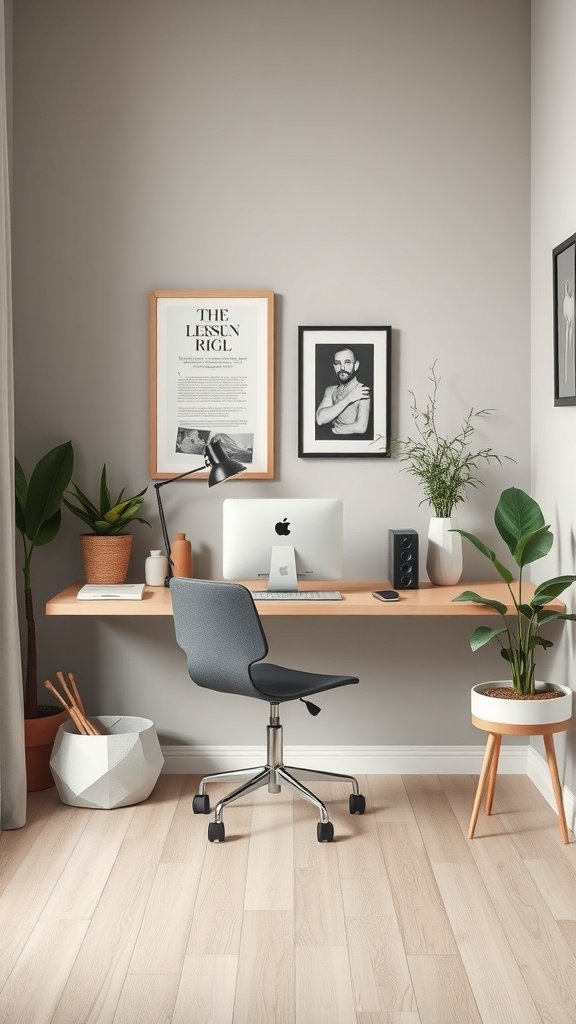 Escritorio flotante con computadora, plantas y decoración minimalista