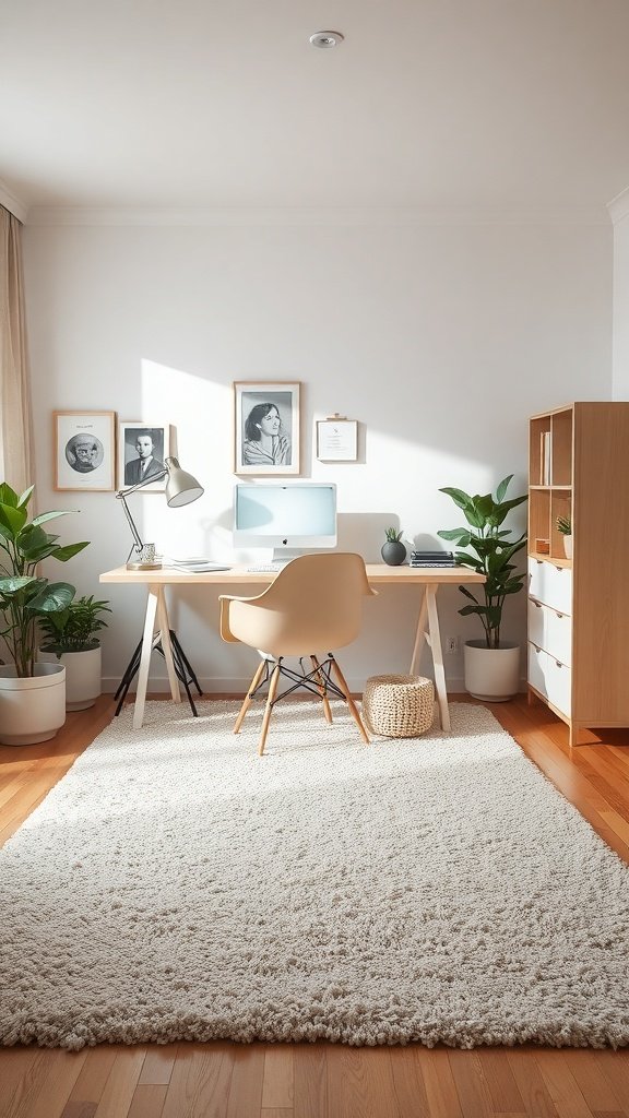 Oficina en casa con alfombra suave y decoración minimalista.