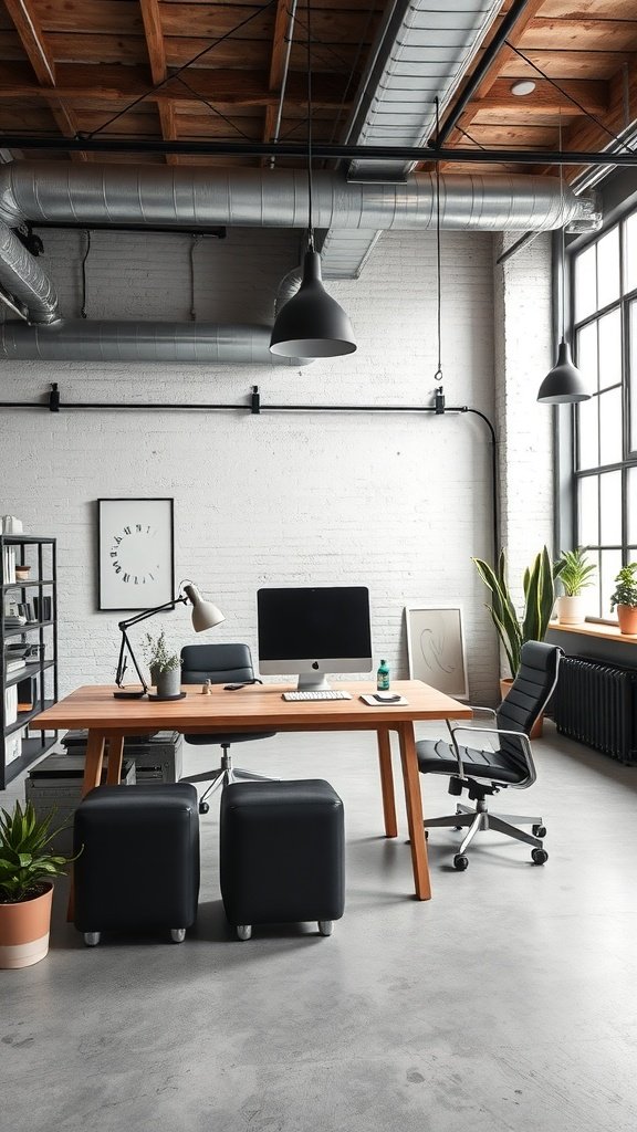 Oficina en casa con estilo industrial y moderno, mobiliario minimalista y plantas decorativas.