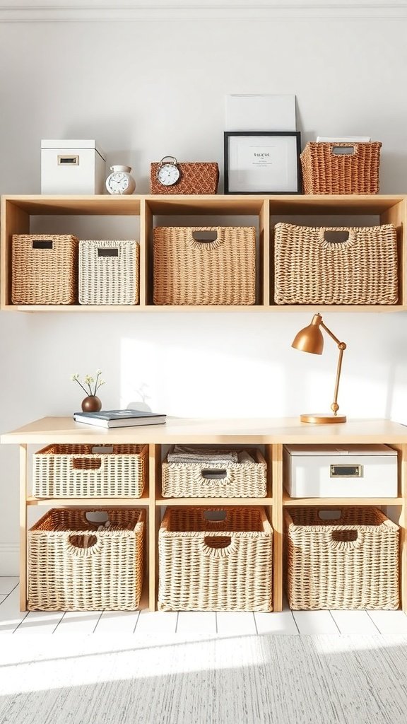 Oficina en casa organizada con cajas y cestas de almacenamiento
