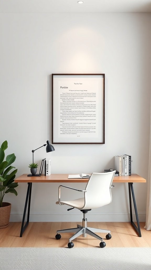 Oficina en casa minimalista con un cuadro en la pared, una planta y una lámpara de escritorio.