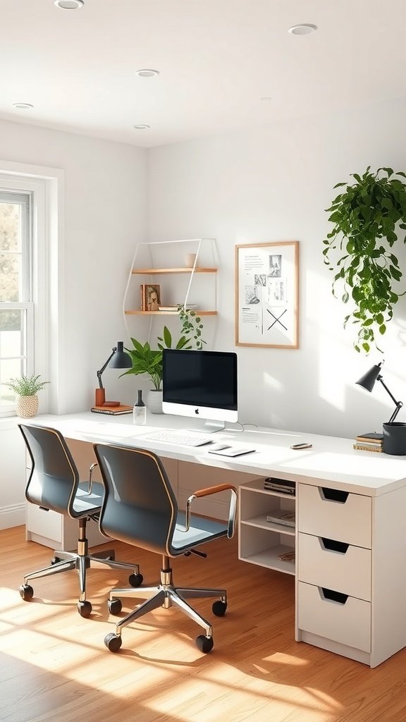 Mesa de trabajo compartida con dos sillas, computadora y decoración minimalista.