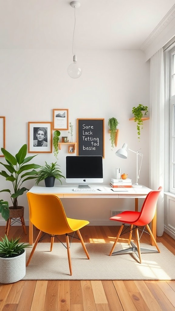 Oficina en casa con estilo escandinavo, sillas de colores y plantas.