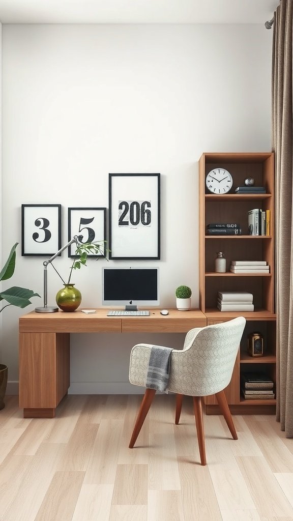 Oficina en casa con escritorio de madera, silla cómoda y estantería.