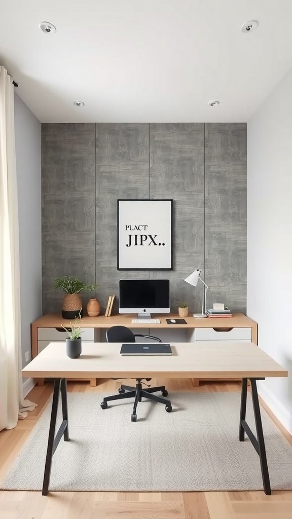 Oficina en casa con paneles acústicos y decoración minimalista.