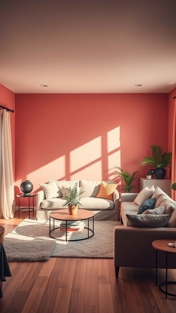 Sala de estar con paredes pintadas de color coral y muebles modernos.