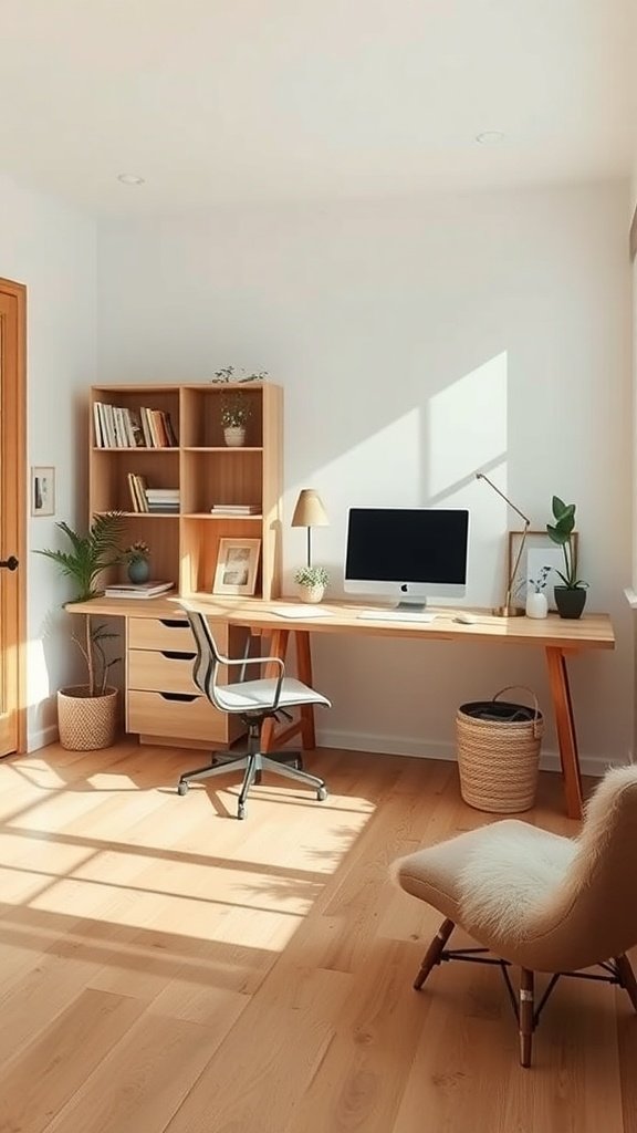 Oficina en casa minimalista con elementos naturales y luz natural.