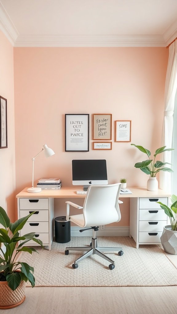 Oficina en casa con paredes de color melocotón, escritorio de madera y plantas decorativas.