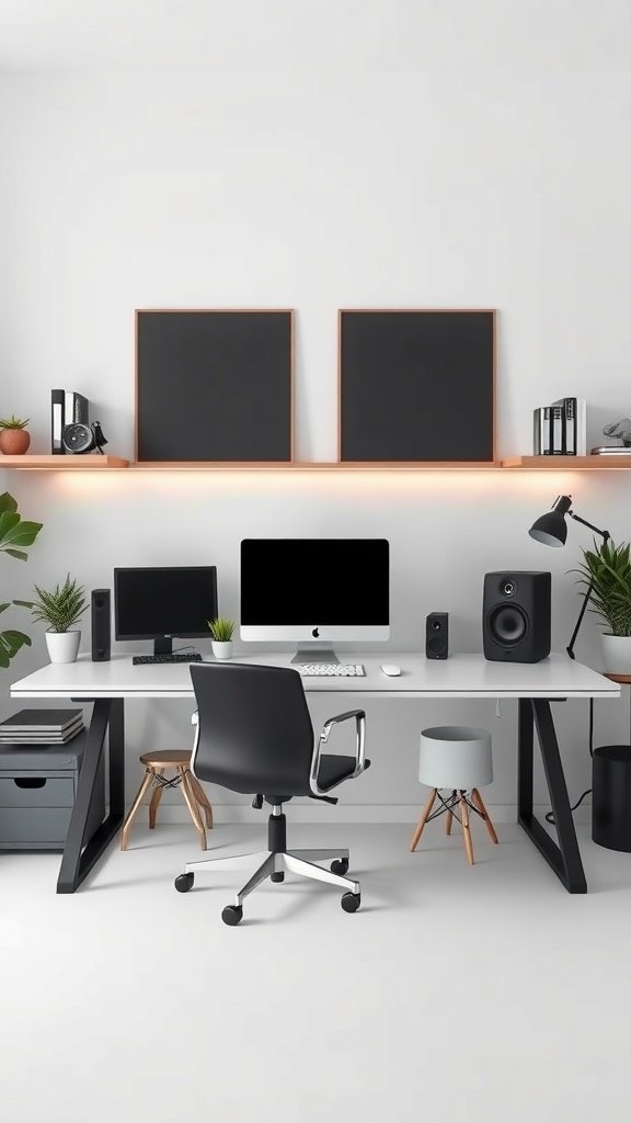 Escritorio moderno y minimalista con tecnología oculta y plantas decorativas.