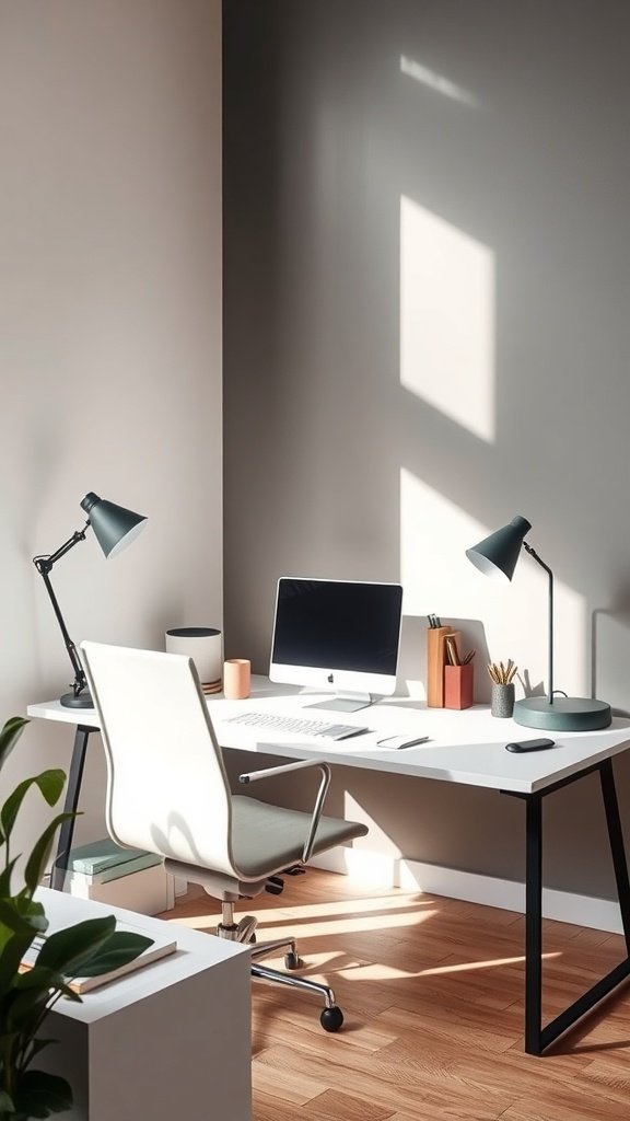 Oficina en casa minimalista con escritorio blanco y silla ergonómica.
