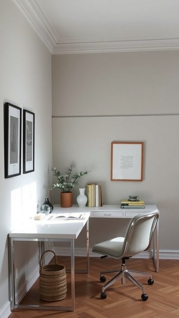 Zona de lectura integrada en una oficina minimalista con un escritorio, silla y decoraciones sencillas.