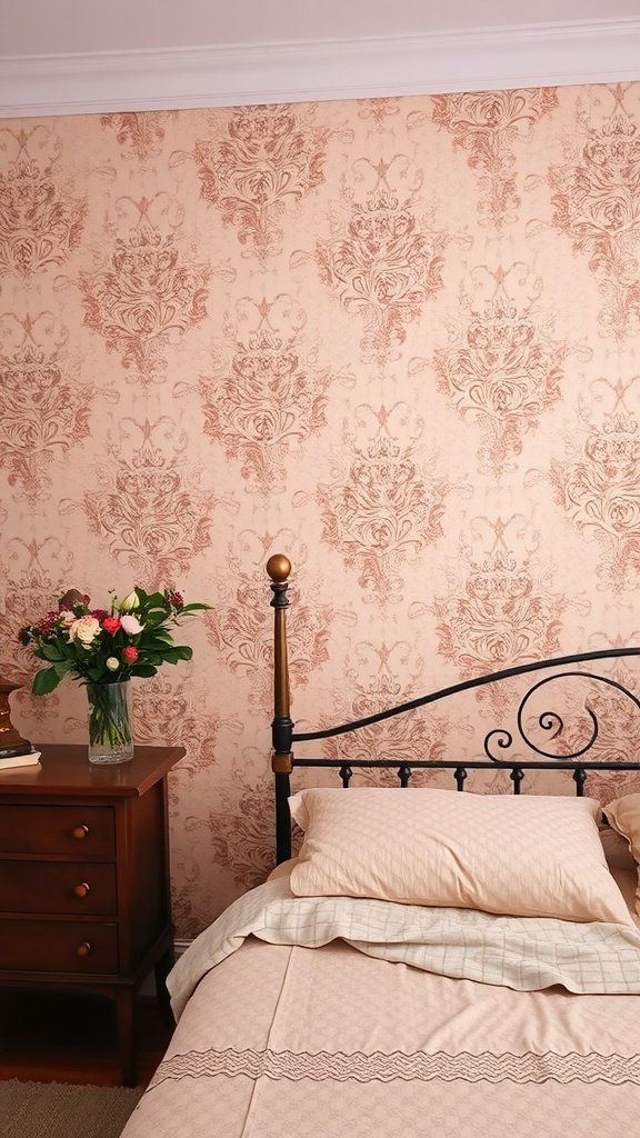 Pared de dormitorio con papel tapiz vintage en tonos rosados y flores.