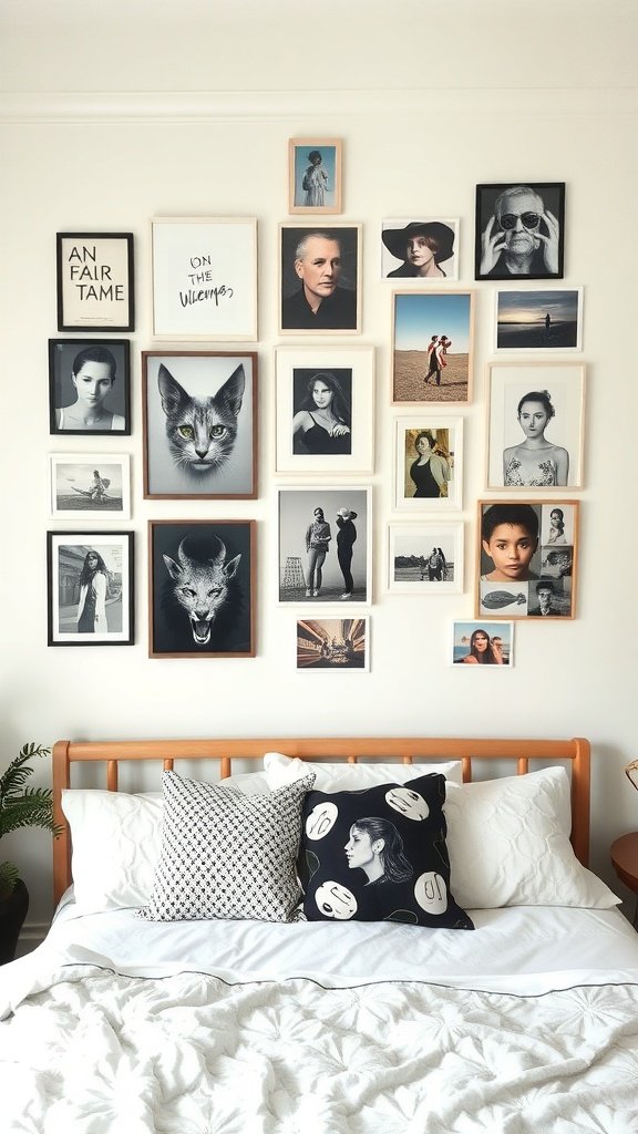 Galería de arte en la pared de un dormitorio con diversas fotos y obras enmarcadas.