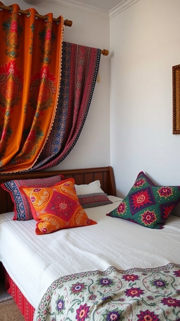 Cojines y cortinas étnicas en un dormitorio