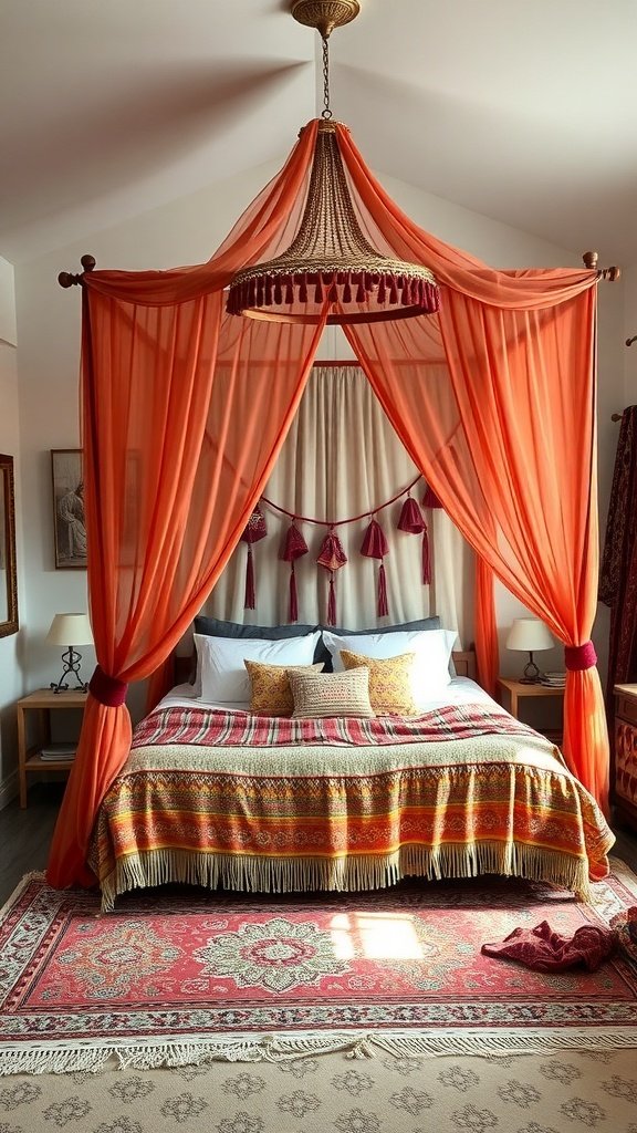 Cama con dosel bohemio en tonos naranjas y rojos, decorada con cojines y una manta colorida.
