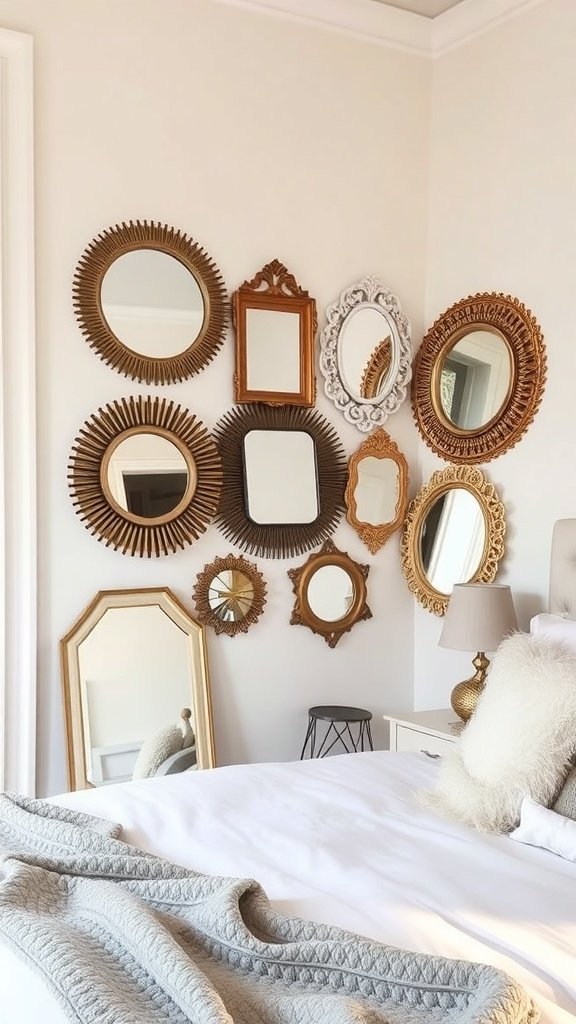Pared decorada con espejos de diferentes formas y tamaños en un dormitorio