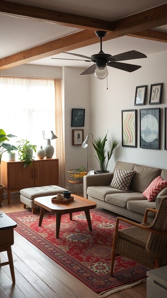 Sala de estar con muebles reutilizados y renovados, incluyendo un sofá, mesa de café y sillas.