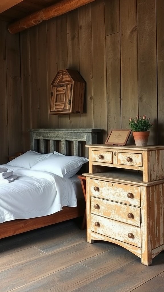 Dormitorio con muebles reciclados de estilo rústico, incluyendo una cama de madera y una cómoda desgastada.