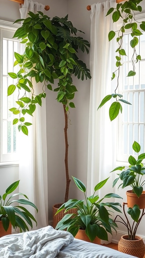 Dormitorio con varias plantas de interior, incluyendo una planta alta y varias pequeñas en macetas.