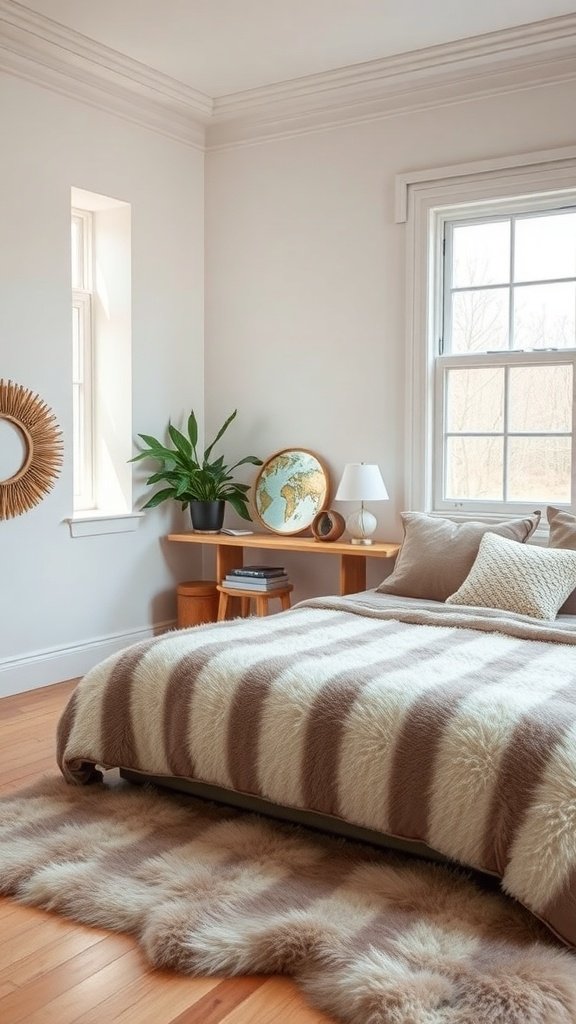 Dormitorio con alfombra de piel sintética y decoración cálida.