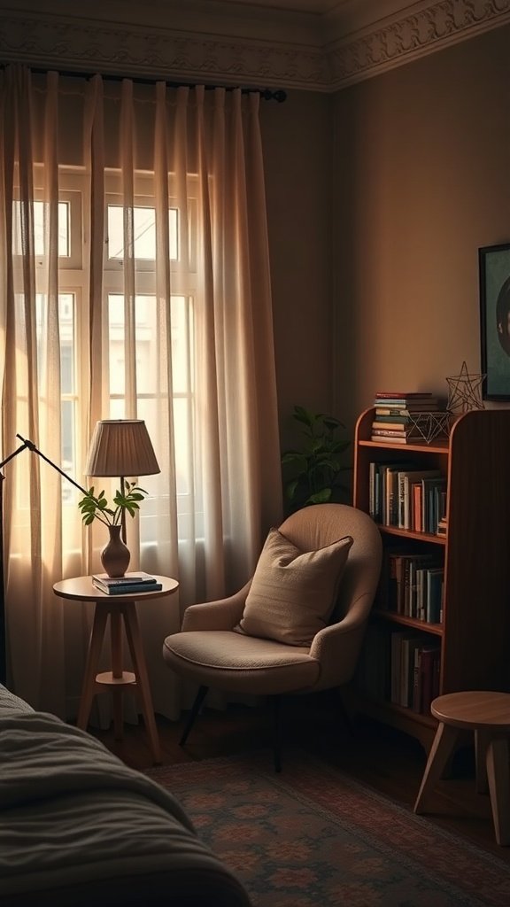 Un rincón de lectura acogedor con un sillón, una lámpara, una mesa y estanterías llenas de libros.