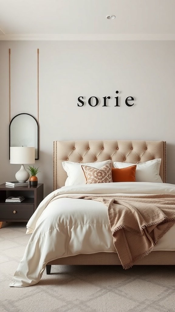 Cama con cabecero tapizado en un dormitorio moderno.