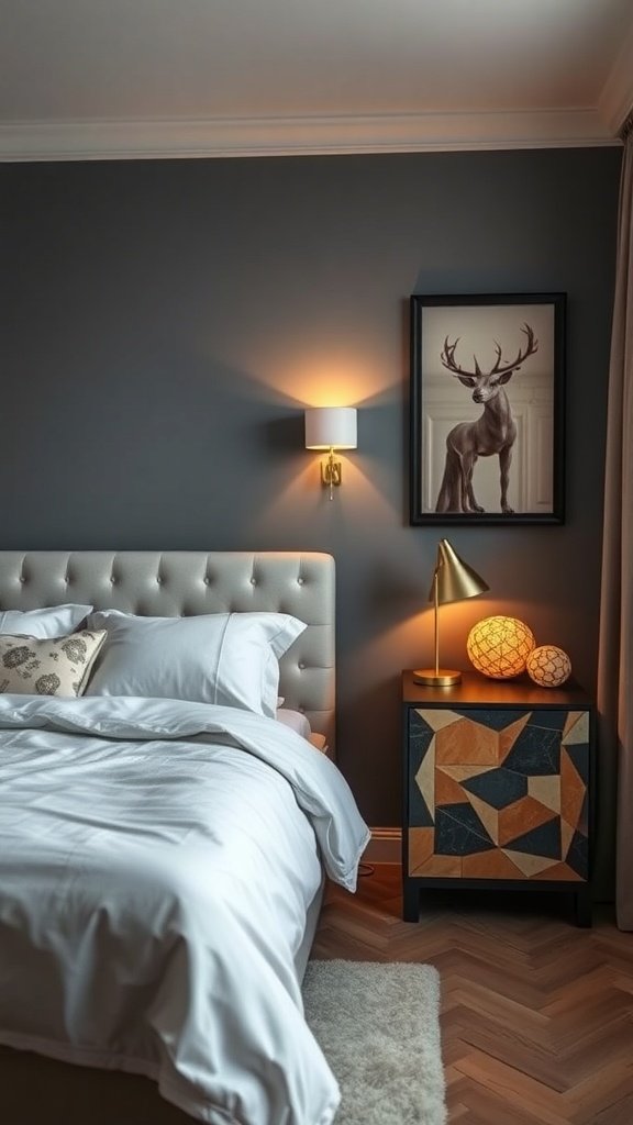 Mesa de noche con diseño geométrico y lámpara de mesa en un dormitorio moderno.