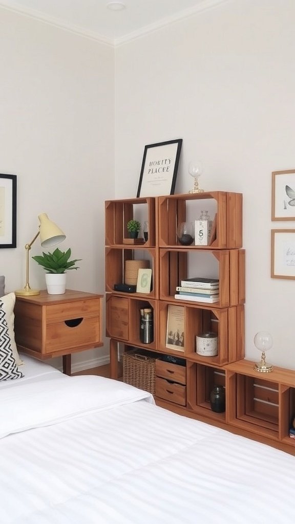 Cajas de madera vintage utilizadas como estanterías en un dormitorio