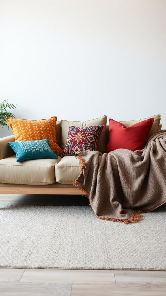 Cojines de colores y una manta sobre un sofá claro en una sala de estar