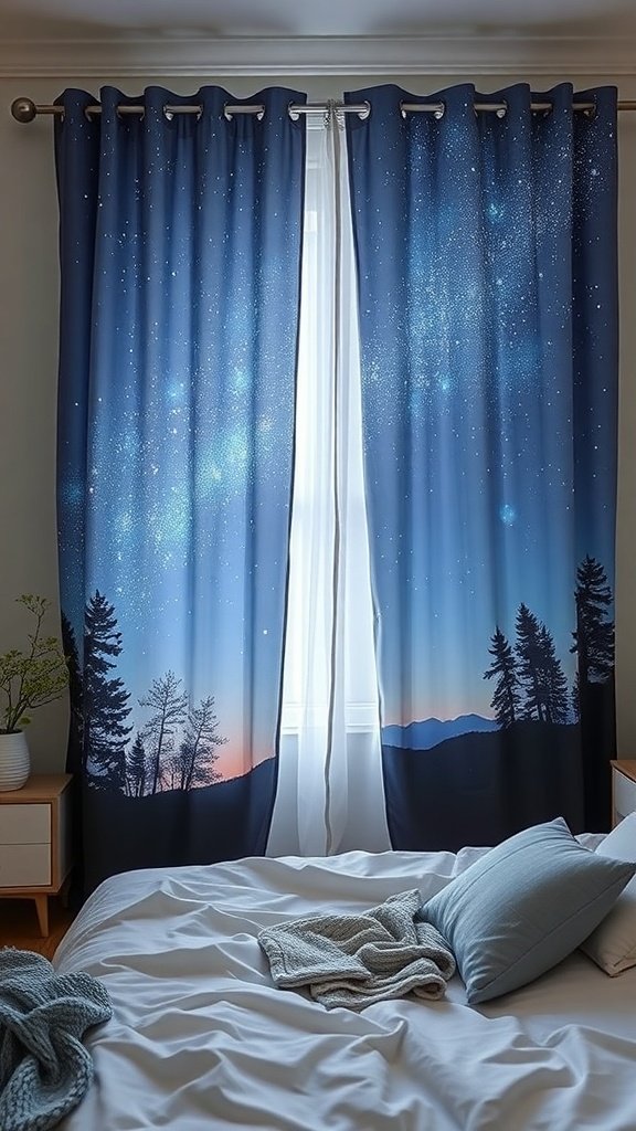 Cortinas con diseño de cielo estrellado en un dormitorio
