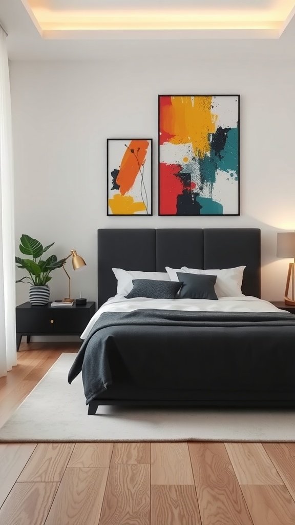Dormitorio moderno con arte abstracto en las paredes.