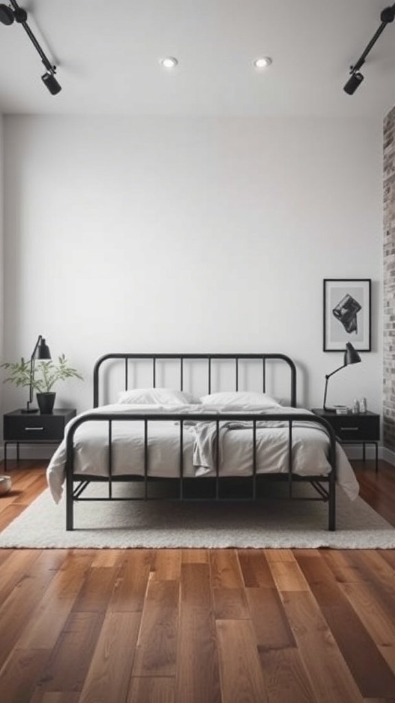 Cama con estructura de metal industrial en un dormitorio moderno