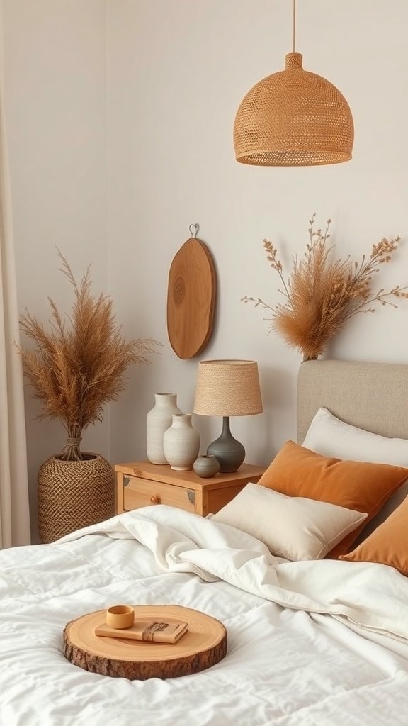 Dormitorio decorado con accesorios de madera natural, incluyendo lámpara, mesa y decoraciones en la pared.