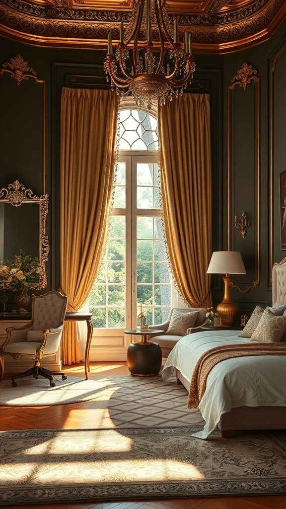 Dormitorio elegante con detalles dorados en la decoración.