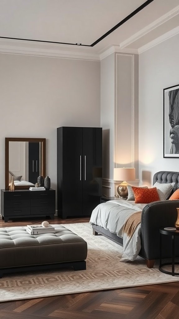 Dormitorio moderno con muebles de diseño contemporáneo en tonos neutros y cálidos.