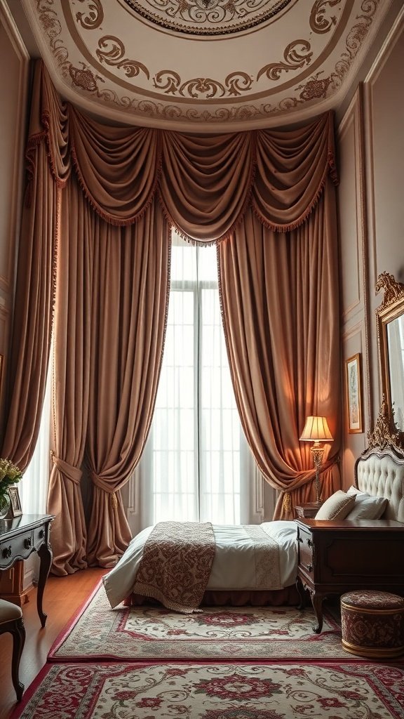 Dormitorio con cortinas de seda opulentas y decoración elegante