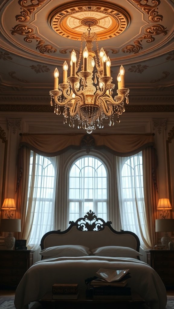 Araña de cristal brillante en un dormitorio elegante con ventanas grandes y cortinas suaves.
