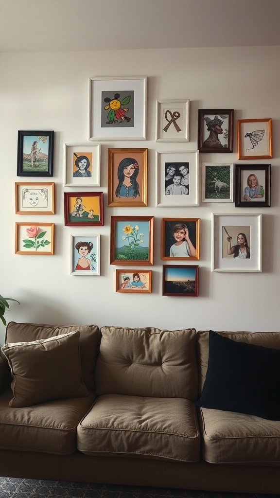 Galería de arte casera en la pared con varios cuadros y fotos enmarcadas.