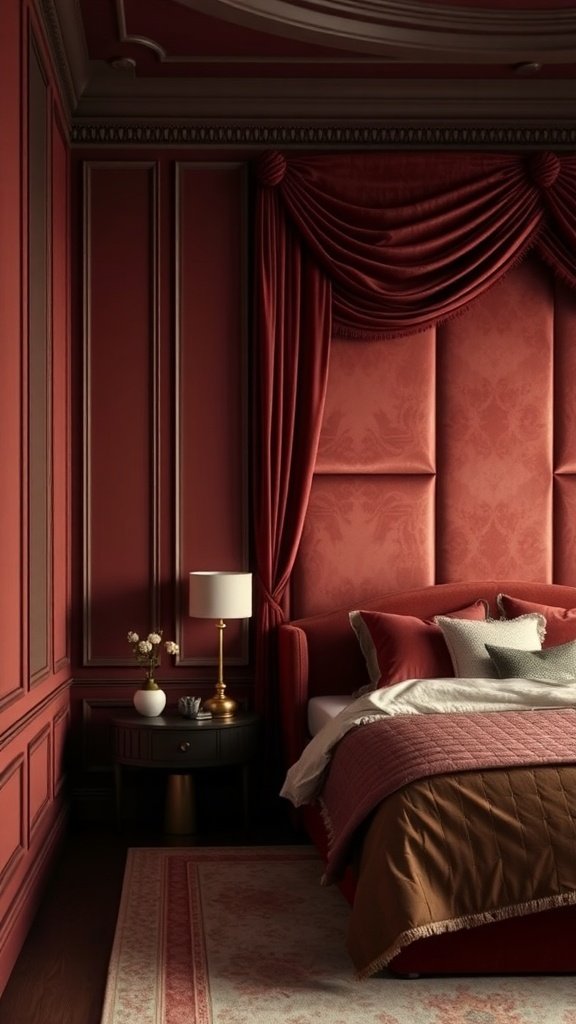 Dormitorio con paredes tapizadas en terciopelo rojo, cama elegante y decoración sofisticada.