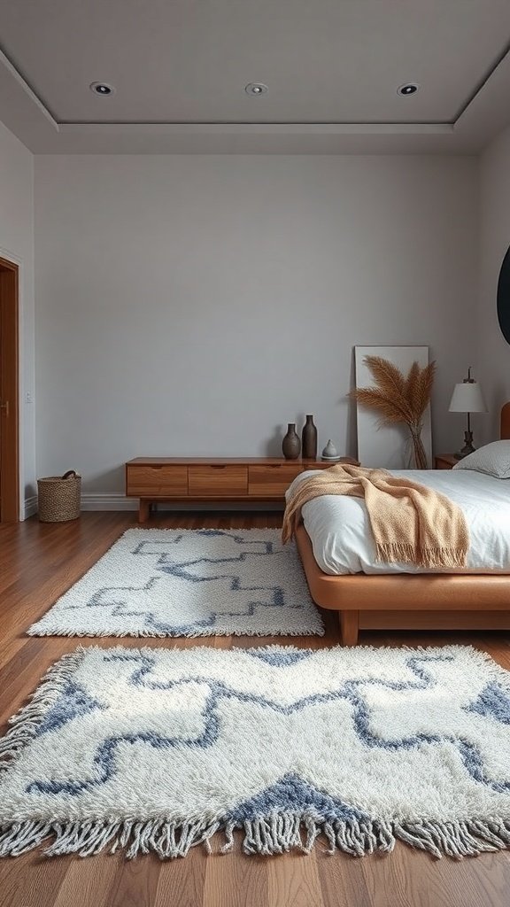 Alfombra de lana de alta calidad en un dormitorio moderno con cama y muebles de madera