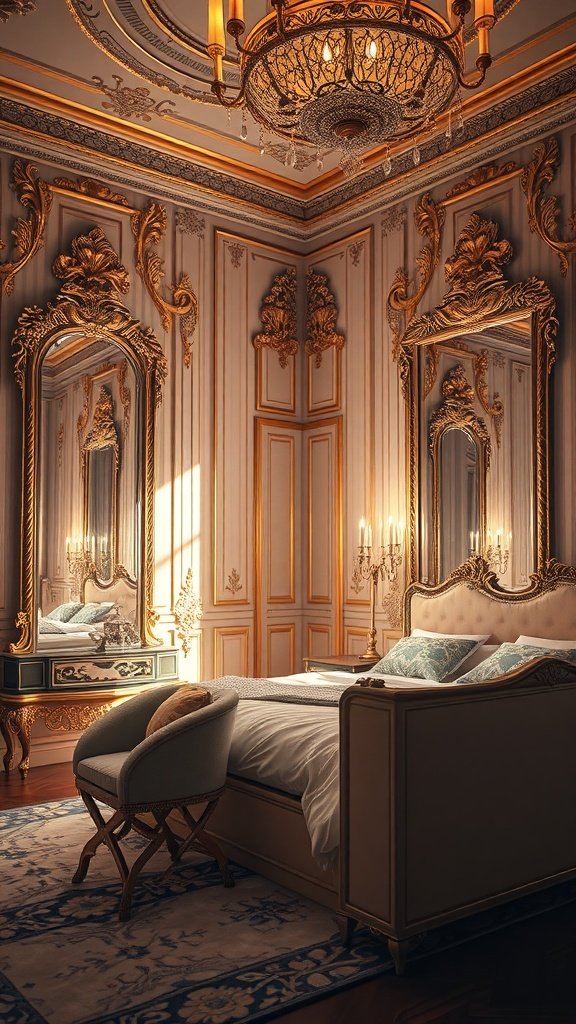 Un dormitorio lujoso con espejos decorativos elaborados y una lámpara de araña.