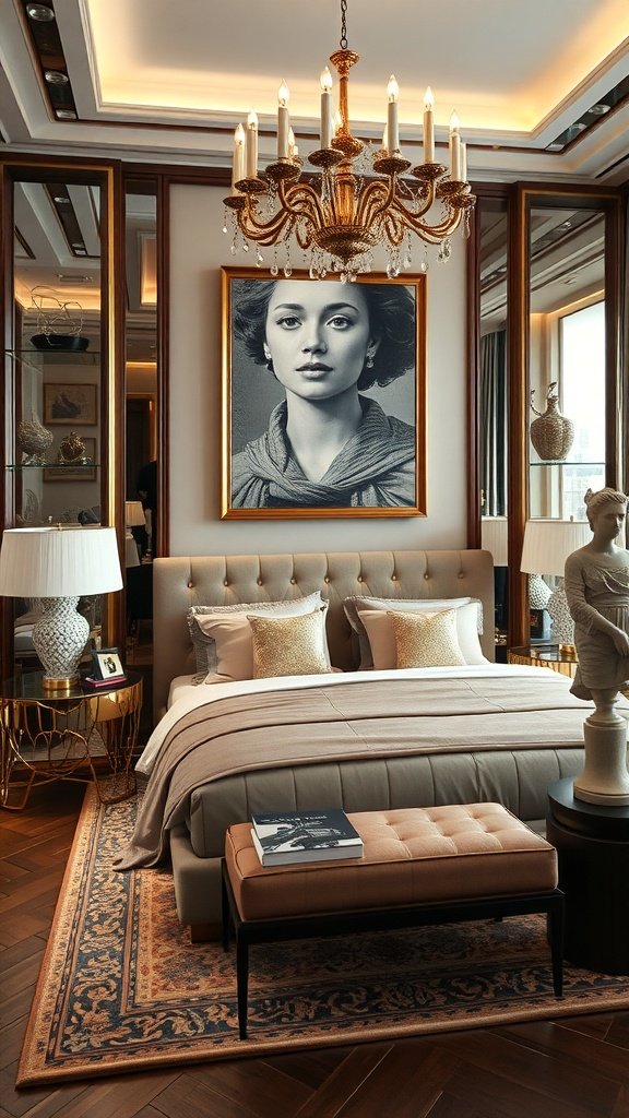 Dormitorio de lujo con arte sofisticado y elegante iluminación