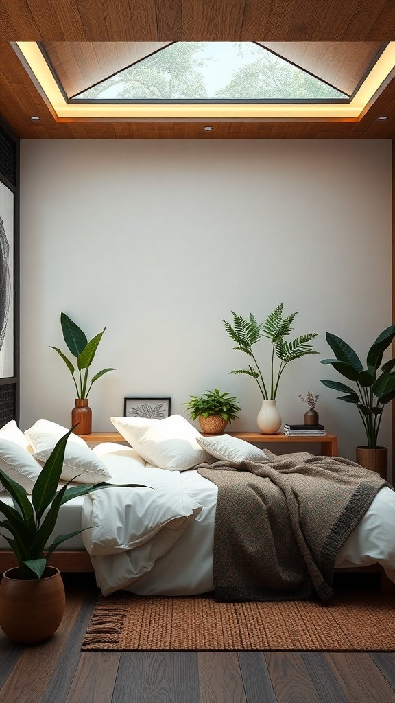 Dormitorio con plantas decorativas y luz natural.