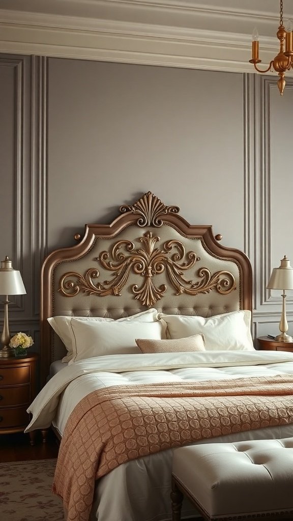 Cabecera tapizada con diseño elegante en un dormitorio de lujo