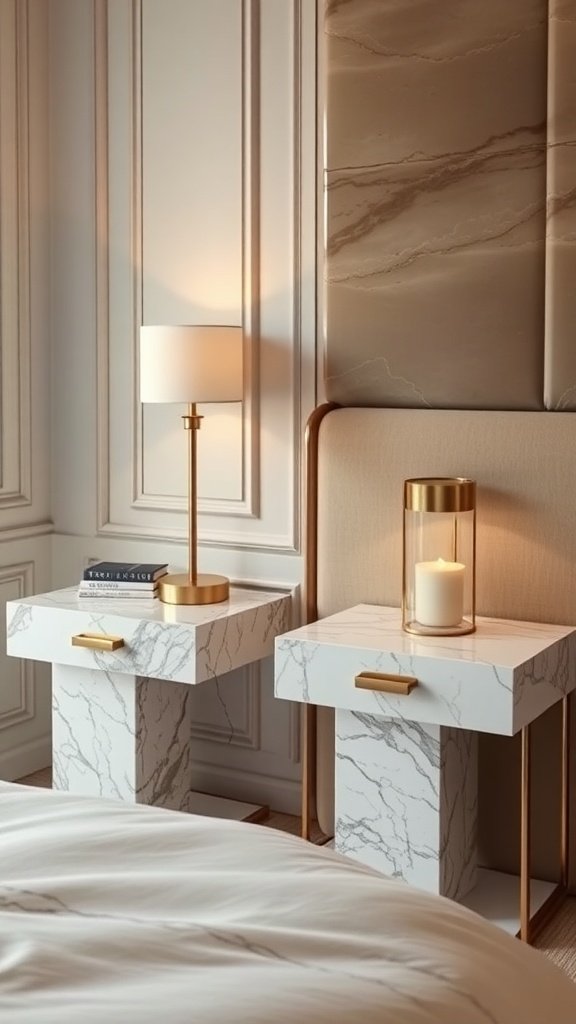 Mesas de noche de mármol con lámpara y vela decorativa