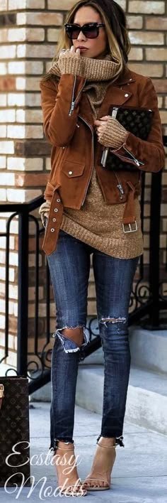 22 ideas de conjuntos con chaqueta marrón | Conjuntos bonitos, moda de otoño - Conjuntos con chaqueta de cuero marrón para mujer