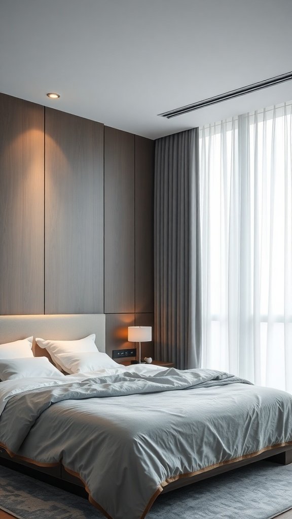 Dormitorio moderno con tecnología integrada y diseño elegante.